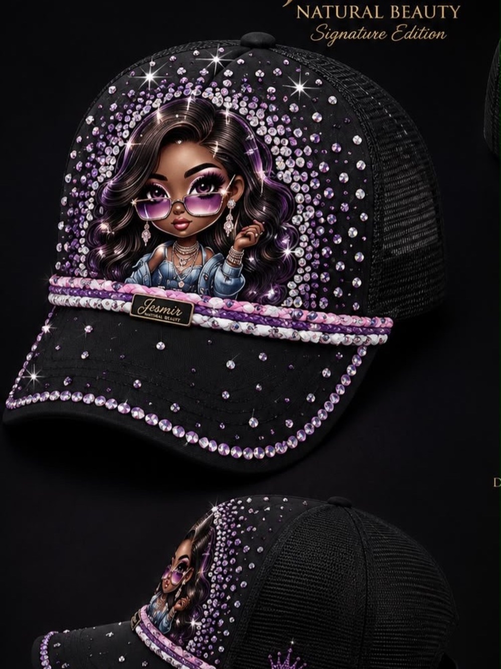 Jasmine Black Hat with Purple Crystal Accents